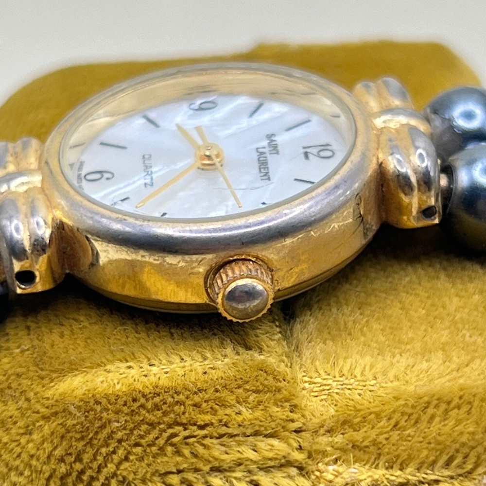 Vtg Saint Laurent Quartz Watch Swiss Movt Gold Tone Faux Pearl Bracelet MOP Dial - Picture 7 of 17